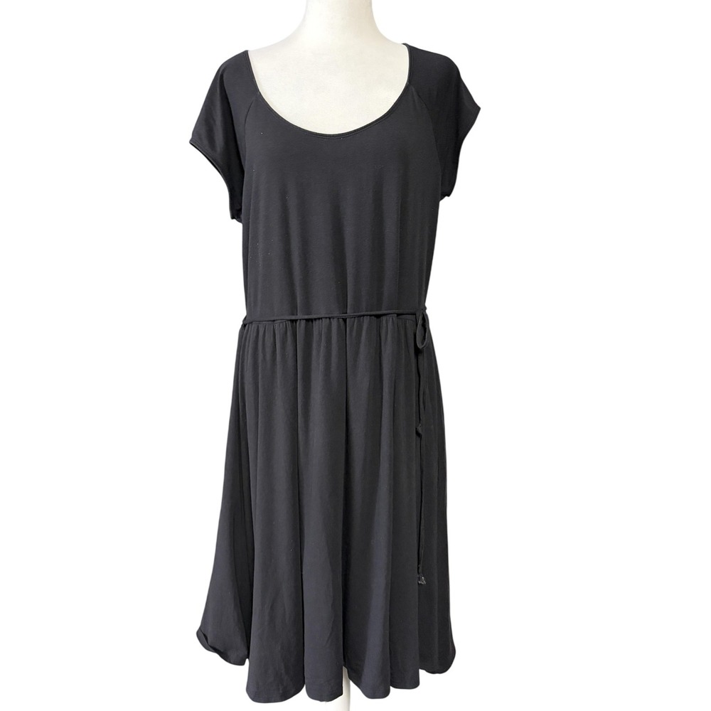 Garnet Hill T Shirt Dress Womens 16 Black Fit Flare Scoop Neck Midi Jersey Lined